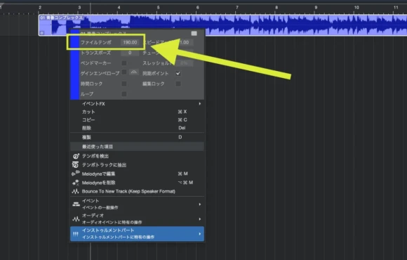 音源ファイルに190BPMのテンポ情報が付与されている